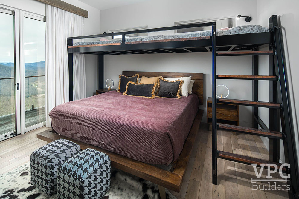 Cliffs Edge Modern bedroom with full bed and loft bed