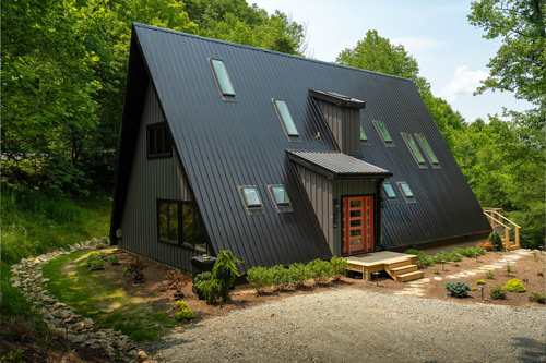 Exterior of A-frame home.
