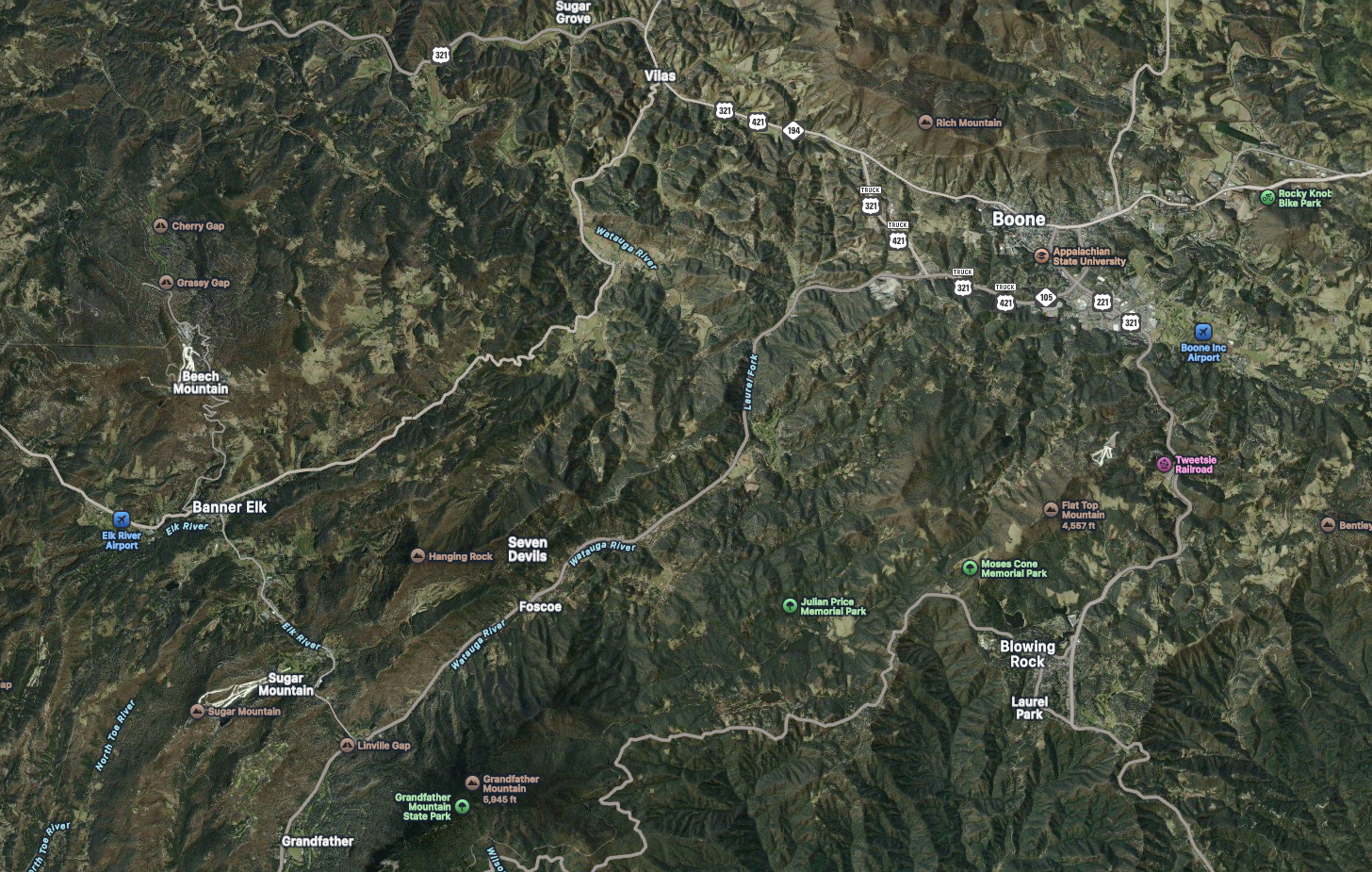 Map of Boone, Banner Elk, and Blowing, Rock North Carolina.