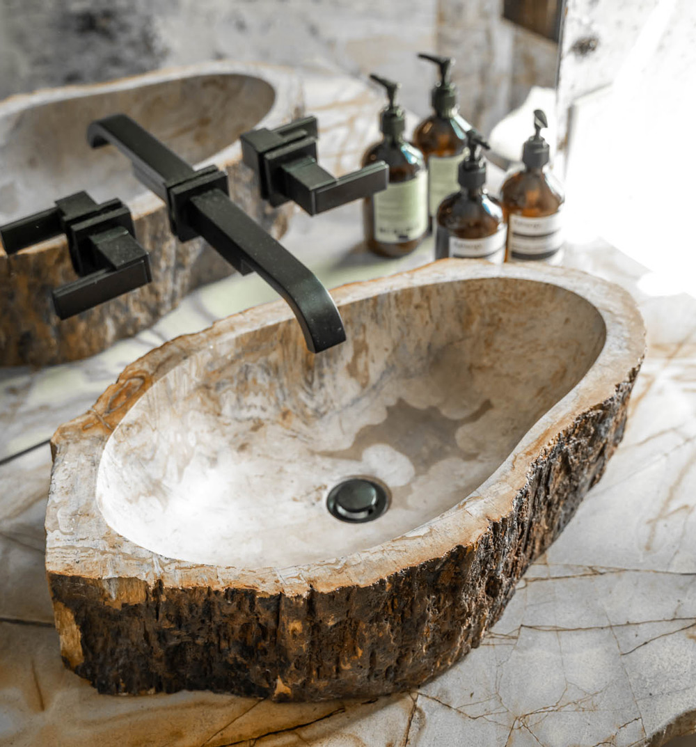 Custom sink carved from tree trunk