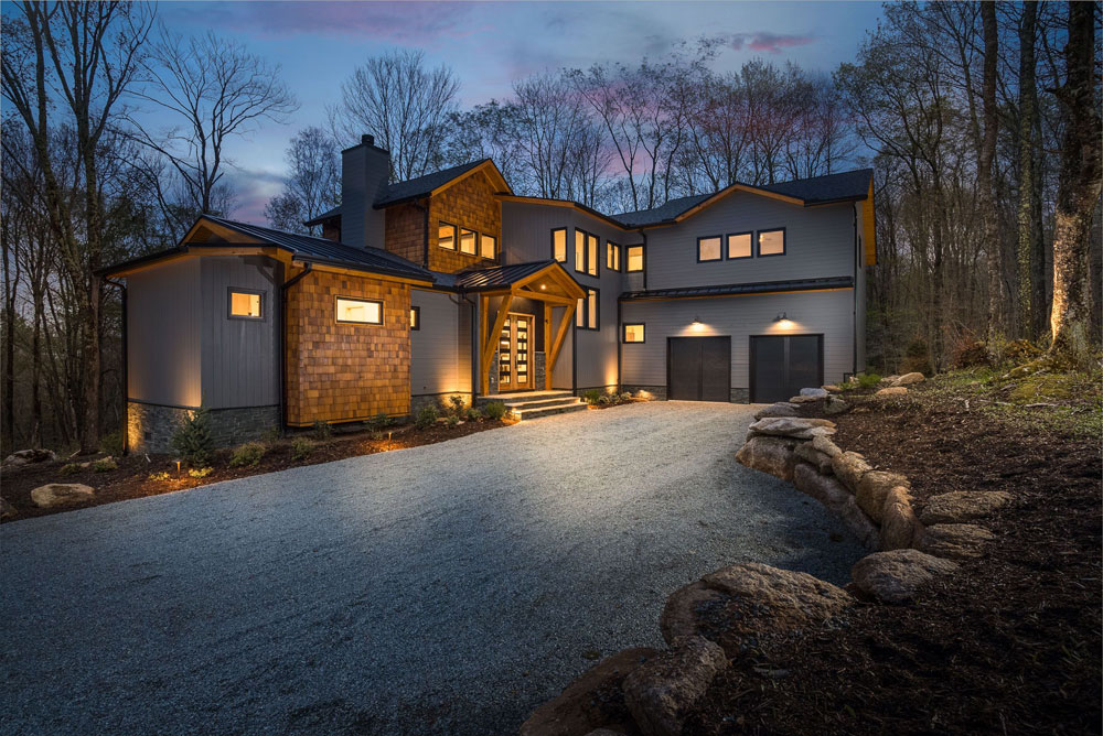 Exterior view of custom home from the driveway.